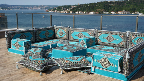 U Shaped Turkish Floor Seating Set, Moroccan Sofa Set, Arabic Jalsa