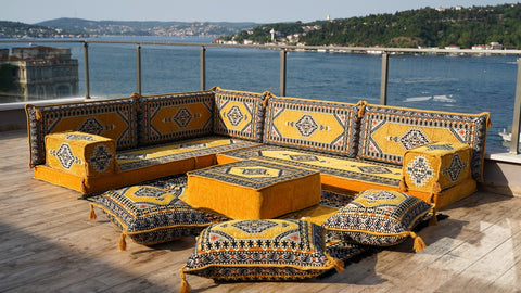 L Shaped Floor Sofa, Turkish Pillows, Floor Seating Set