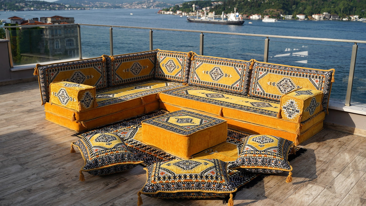 L Shaped Floor Sofa, Turkish Pillows, Floor Seating Set