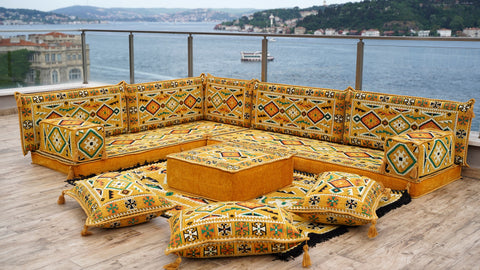 L Shaped Arabic Seating Sofa, Majlis Sofa, Floor Cushions