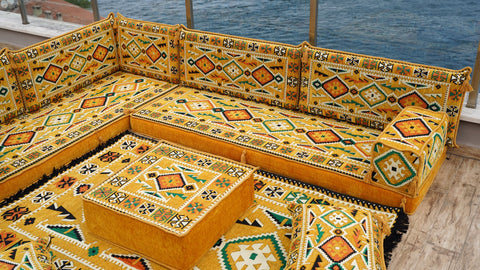 L Shaped Arabic Seating Sofa, Majlis Sofa, Floor Cushions