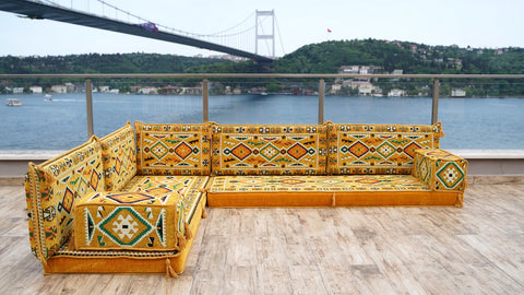L Shaped Arabic Seating Sofa, Majlis Sofa, Floor Cushions