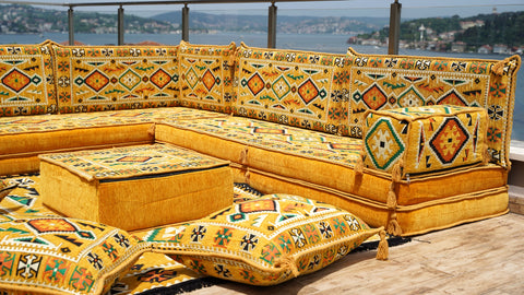 L Shaped Arabic Seating Sofa, Majlis Sofa, Floor Cushions