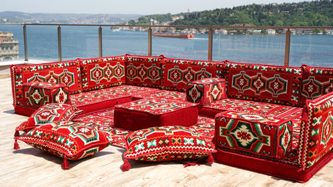 U Shaped Moroccan Sofa Set, Turkish Sofa Seating, Arabic Floor Seating Set