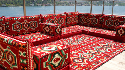 U Shaped Moroccan Sofa Set, Turkish Sofa Seating, Arabic Floor Seating Set