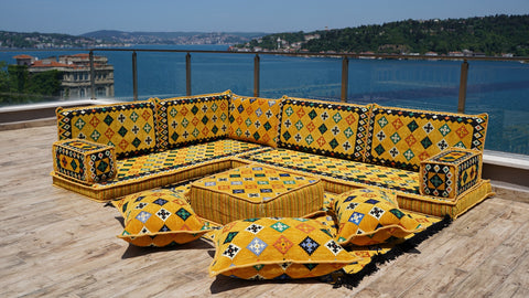 L Shaped Moroccan Sofa, Turkish Seating Cushions, Arabic Majlis Sofa