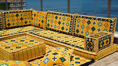 L Shaped Moroccan Sofa, Turkish Seating Cushions, Arabic Majlis Sofa