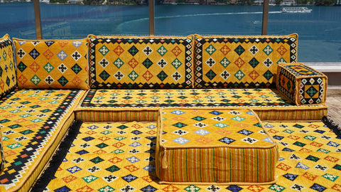 L Shaped Moroccan Sofa, Turkish Seating Cushions, Arabic Majlis Sofa