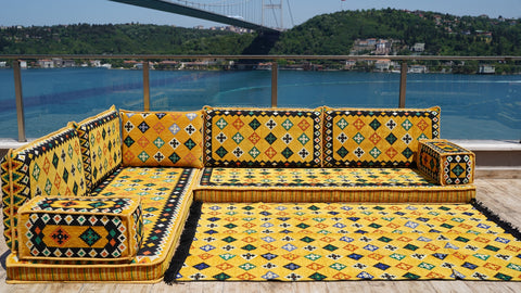 L Shaped Moroccan Sofa, Turkish Seating Cushions, Arabic Majlis Sofa