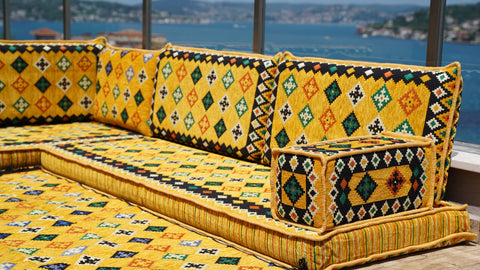 L Shaped Moroccan Sofa, Turkish Seating Cushions, Arabic Majlis Sofa