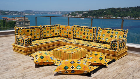 L Shaped Moroccan Sofa, Turkish Seating Cushions, Arabic Majlis Sofa