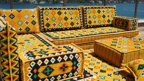 L Shaped Moroccan Sofa, Turkish Seating Cushions, Arabic Majlis Sofa