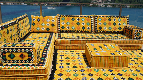 L Shaped Moroccan Sofa, Turkish Seating Cushions, Arabic Majlis Sofa