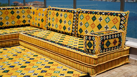 L Shaped Moroccan Sofa, Turkish Seating Cushions, Arabic Majlis Sofa