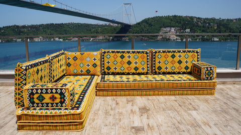 L Shaped Moroccan Sofa, Turkish Seating Cushions, Arabic Majlis Sofa