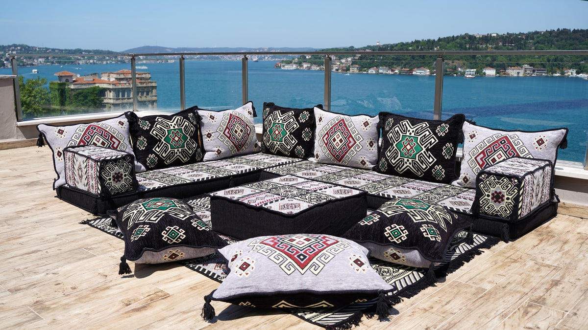 L Shaped Floor Seating Set, Arabic Jalsa Set, Moroccan Sofa Set