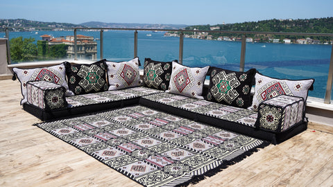 L Shaped Floor Seating Set, Arabic Jalsa Set, Moroccan Sofa Set