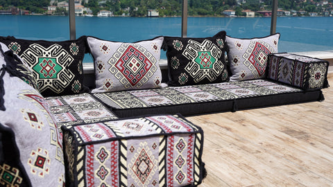 L Shaped Floor Seating Set, Arabic Jalsa Set, Moroccan Sofa Set