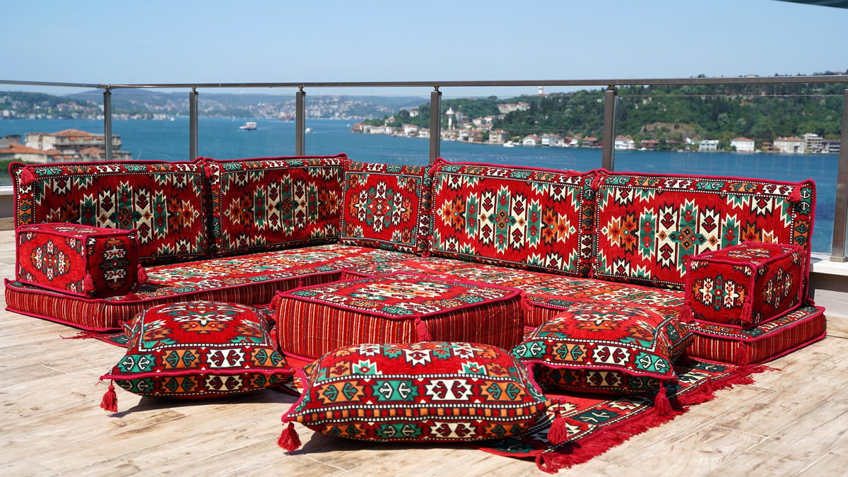 L Shaped Arabic Seating Sofa, Floor Cushions, Arabic Jalsa Set