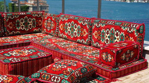 L Shaped Arabic Seating Sofa, Floor Cushions, Arabic Jalsa Set