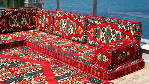 L Shaped Arabic Seating Sofa, Floor Cushions, Arabic Jalsa Set