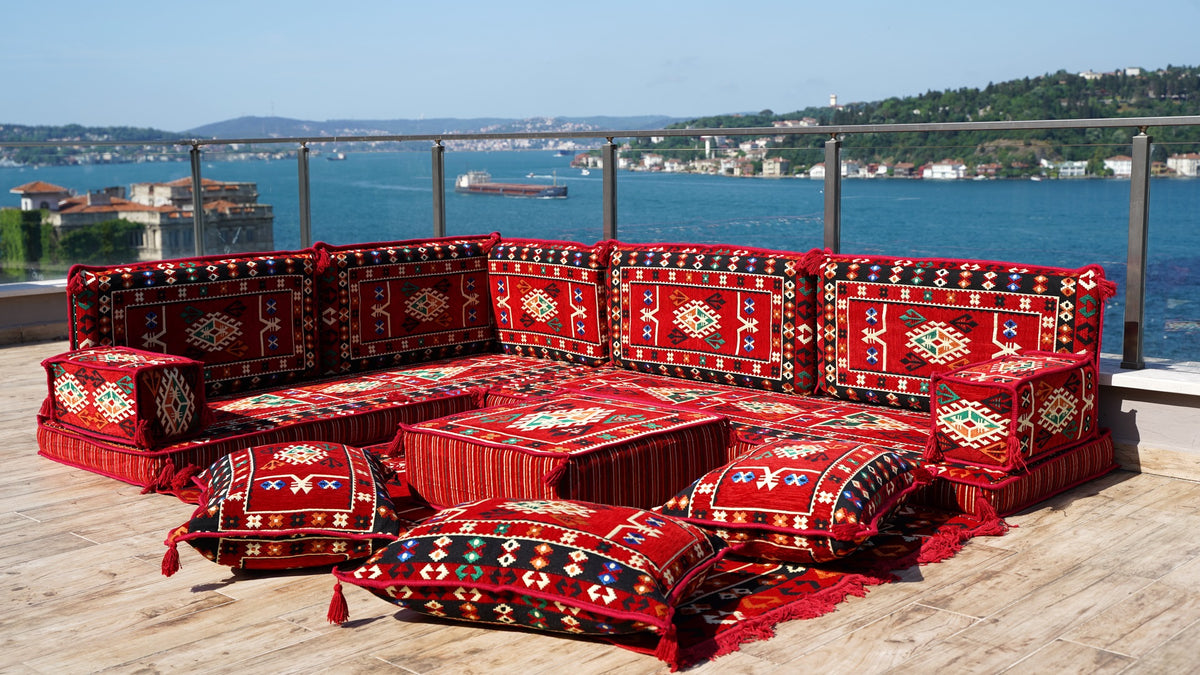 Red L Shaped Floor Cushions, Turkish Sofa, Arabic Majlis Seating Sofa