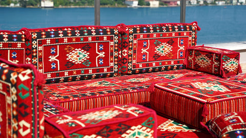 Red L Shaped Floor Cushions, Turkish Sofa, Arabic Majlis Seating Sofa