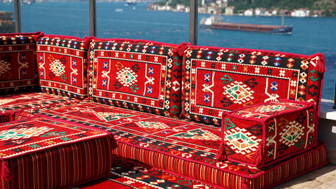 Red L Shaped Floor Cushions, Turkish Sofa, Arabic Majlis Seating Sofa