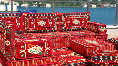 Red L Shaped Floor Cushions, Turkish Sofa, Arabic Majlis Seating Sofa