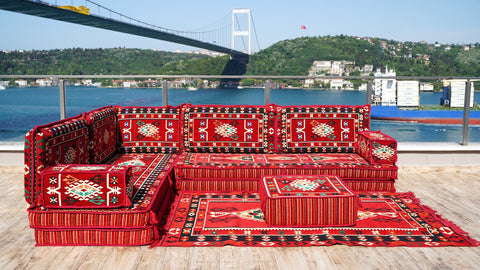 Red L Shaped Floor Cushions, Turkish Sofa, Arabic Majlis Seating Sofa