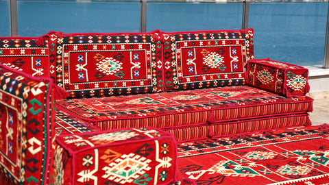 Red L Shaped Floor Cushions, Turkish Sofa, Arabic Majlis Seating Sofa