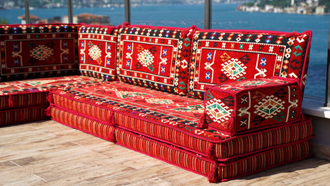 Red L Shaped Floor Cushions, Turkish Sofa, Arabic Majlis Seating Sofa