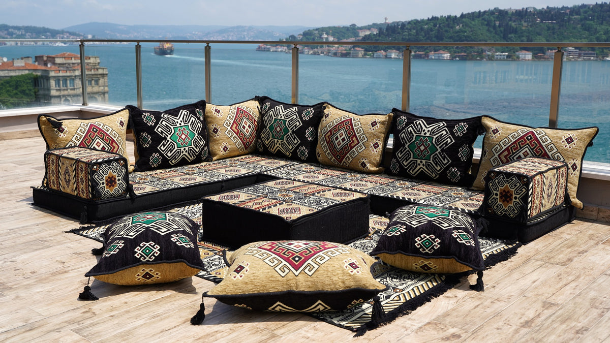 L Shaped Yellow Floor Seating Set, Arabic Jalsa, Moroccan Sofa