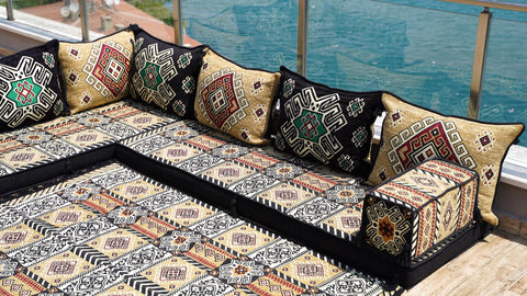 L Shaped Yellow Floor Seating Set, Arabic Jalsa, Moroccan Sofa