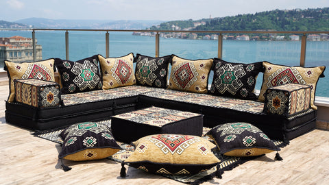 L Shaped Yellow Floor Seating Set, Arabic Jalsa, Moroccan Sofa