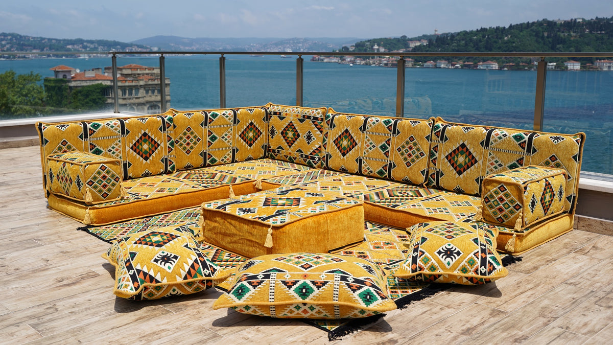 L Shaped Moroccan Sofa, Floor Cushions, Arabic Floor Sofa Set