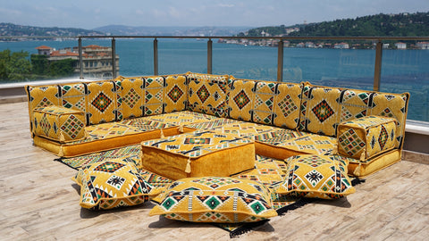 L Shaped Moroccan Sofa, Floor Cushions, Arabic Floor Sofa Set