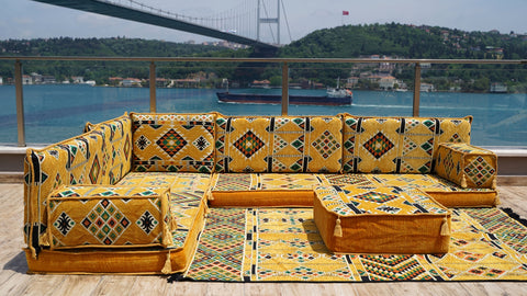 L Shaped Moroccan Sofa, Floor Cushions, Arabic Floor Sofa Set