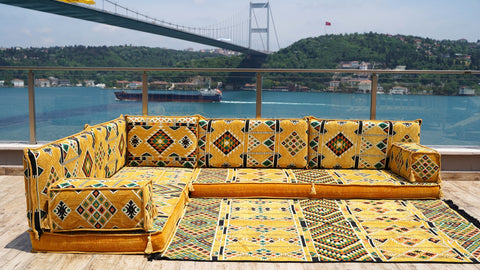 L Shaped Moroccan Sofa, Floor Cushions, Arabic Floor Sofa Set