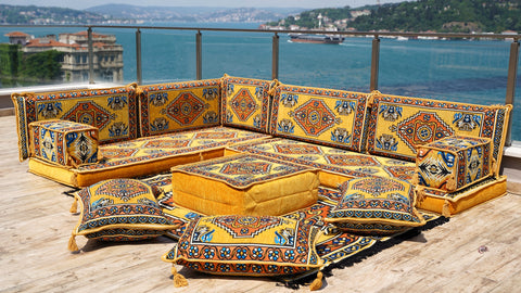 Turkish Seating Pillows, L Shaped Arabic Jalsa, Arabic Majlis