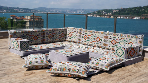 L Shaped Arabic Floor Seating Set, Majlis Sofa, Floor Cushions