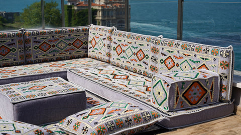 L Shaped Arabic Floor Seating Set, Majlis Sofa, Floor Cushions