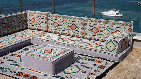L Shaped Arabic Floor Seating Set, Majlis Sofa, Floor Cushions