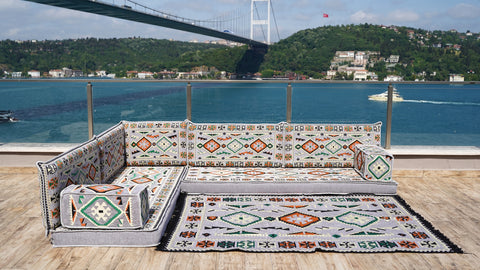 L Shaped Arabic Floor Seating Set, Majlis Sofa, Floor Cushions