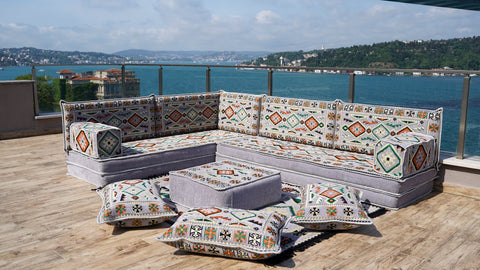 L Shaped Arabic Floor Seating Set, Majlis Sofa, Floor Cushions