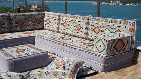L Shaped Arabic Floor Seating Set, Majlis Sofa, Floor Cushions