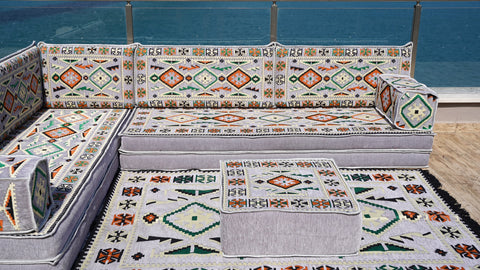 L Shaped Arabic Floor Seating Set, Majlis Sofa, Floor Cushions
