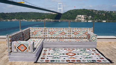 L Shaped Arabic Floor Seating Set, Majlis Sofa, Floor Cushions