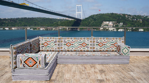 L Shaped Arabic Floor Seating Set, Majlis Sofa, Floor Cushions