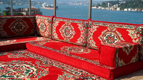 L Shaped Turkish Floor Seating Set, Arabic Majlis, Moroccan Sofa